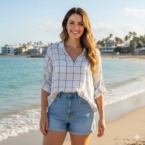 Tahari Women’s Plus Size 2X Creamy White Black Windowpane Check Blouse Tunic Top